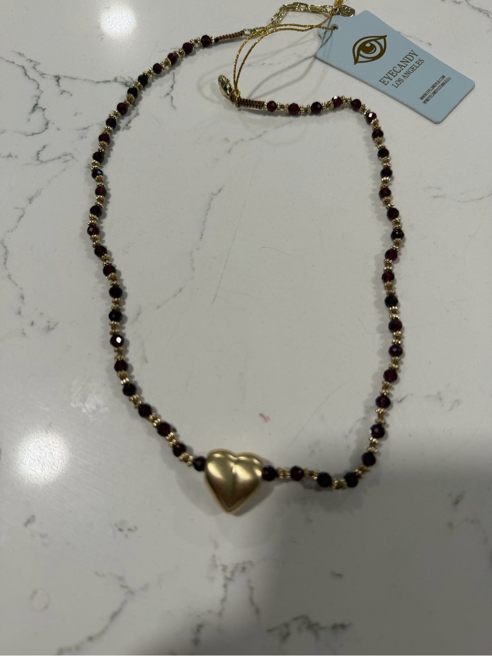 eye candy Gold Heart Necklace with Burgundy Beads